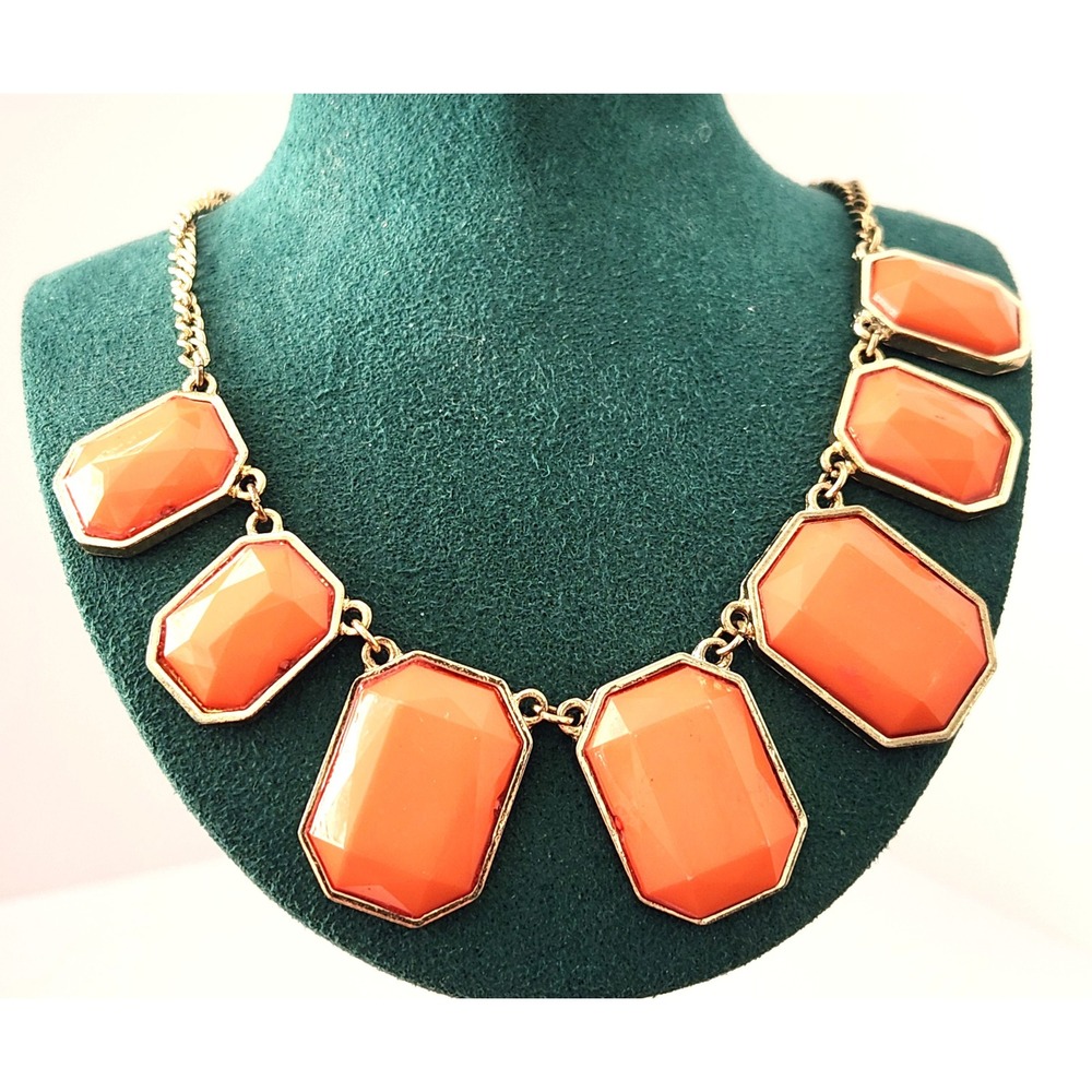 Orange Statement Bib Necklace Gold Tone Emerald Cut Resin Stones Adjustable